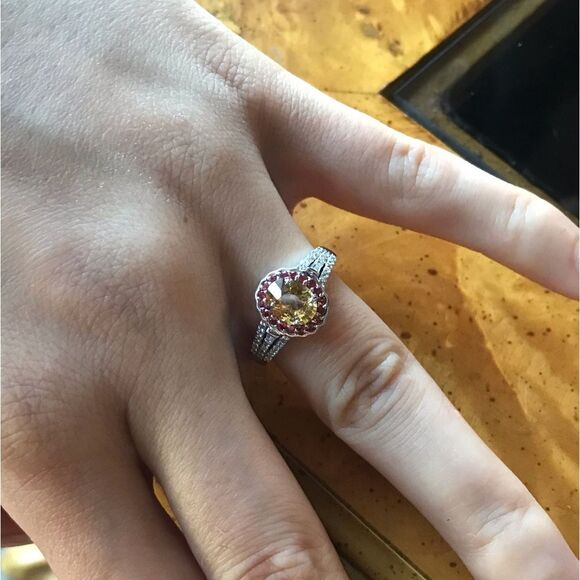 Natural Red Sapphire Yellow Zircon Sterling Silver Halo Ring Size 9 - Picture 2 of 9